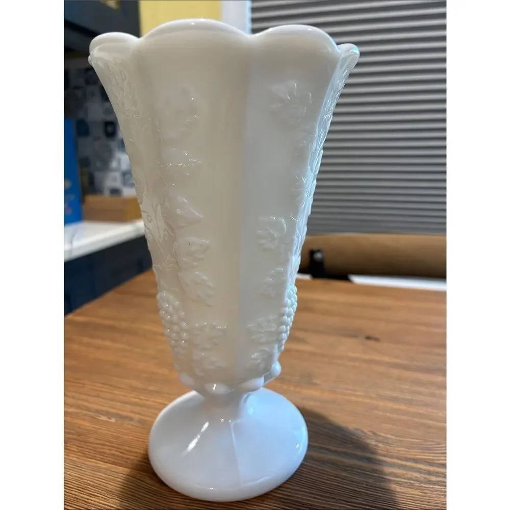 Westmoreland White Milk Glass Pedestal Vase with Grape and Floral Relief